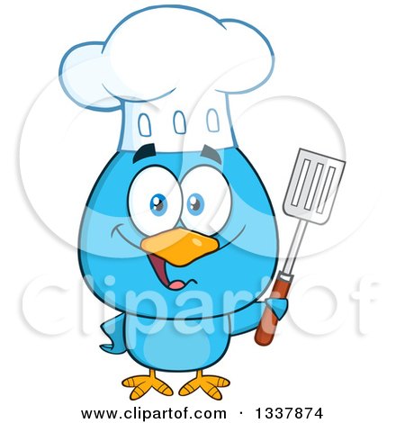 Clipart of a Cartoon Happy Chef Blue Bird Holding a Slotted Spatula - Royalty Free Vector Illustration by Hit Toon