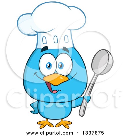 Clipart of a Cartoon Happy Chef Blue Bird Holding a Spoon - Royalty Free Vector Illustration by Hit Toon