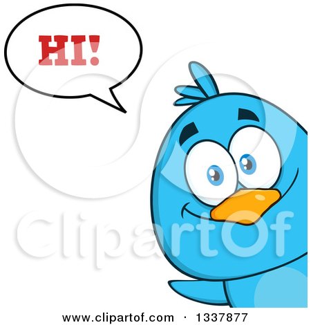 Clipart of a Cartoon Happy Blue Bird Peeking Around a Corner and Saying Hi - Royalty Free Vector Illustration by Hit Toon
