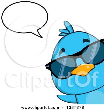 Clipart of a Cartoon Happy Blue Bird Wearing Sunglasses and Peeking Around a Corner and Talking - Royalty Free Vector Illustration by Hit Toon