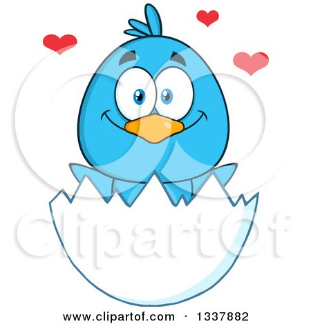 Clipart of a Cartoon Happy Blue Bird in an Egg Shell with Hearts - Royalty Free Vector Illustration by Hit Toon