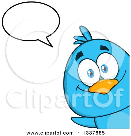 Clipart of a Cartoon Happy Blue Bird Peeking Around a Corner and Talking - Royalty Free Vector Illustration by Hit Toon