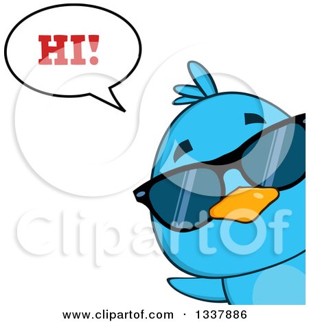 Clipart of a Cartoon Happy Blue Bird Wearing Sunglasses and Peeking Around a Corner and Saying Hi - Royalty Free Vector Illustration by Hit Toon