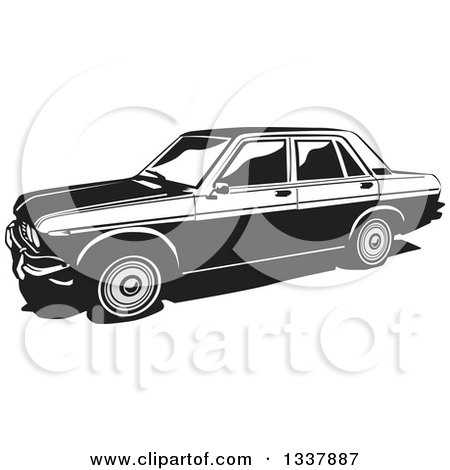 Clipart of a Retro Black and White Datsun 1300 Sedan Car - Royalty Free Vector Illustration by David Rey