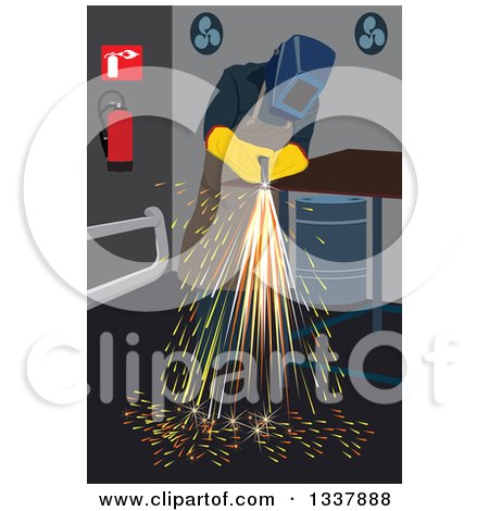 Clipart of a Worker Cutting Iron in a Shop - Royalty Free Vector Illustration by David Rey