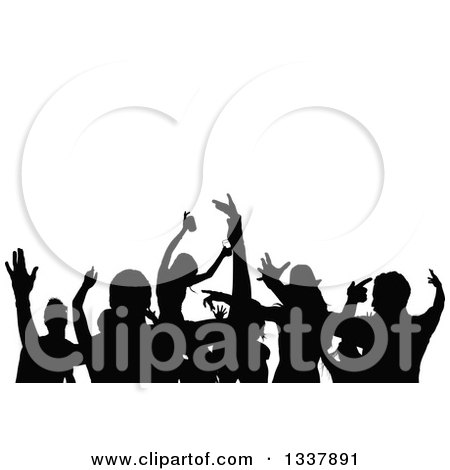 Clipart of a Crowd of Black Silhouetted Young Party People Dancing, Under Text Space - Royalty Free Vector Illustration by dero