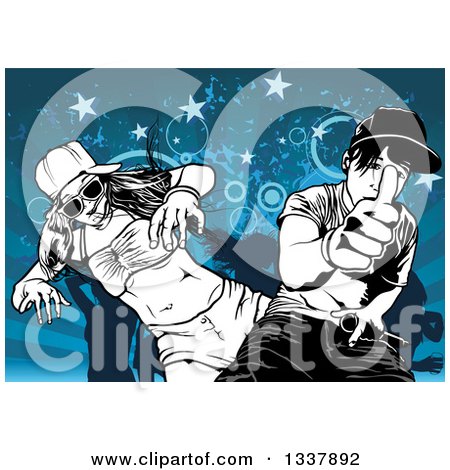 Clipart of a Black and White Young Couple Dancing and Giving a Thumb up over Silhouetted People, Blue Grunge, Stars and Circles - Royalty Free Vector Illustration by dero