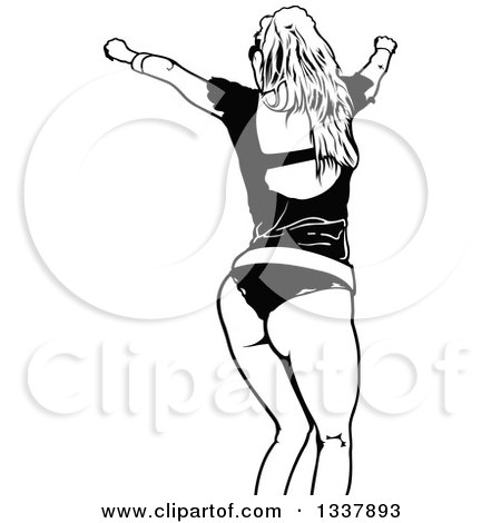 Clipart of a Rear View of a Black and White Party Woman Dancing in Her Underwear - Royalty Free Vector Illustration by dero