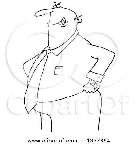 Lineart Clipart of a Cartoon Black and White Happy Chubby Businessman with His Hands on His Hips - Royalty Free Outline Vector Illustration by djart