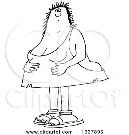 Lineart Clipart of a Cartoon Black and White Chubby Cave Woman Holding Her Stomach - Royalty Free Outline Vector Illustration by djart