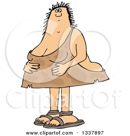 Clipart of a Cartoon Chubby Cave Woman Holding Her Stomach - Royalty Free Vector Illustration by djart