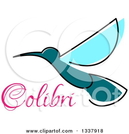 Clipart of a Sketched Blue and Teal Hummingbird with Pink Colibri Text - Royalty Free Vector Illustration by Vector Tradition SM