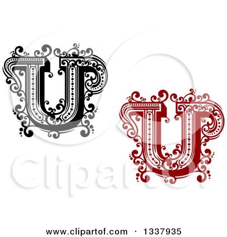 Clipart of Retro Black and White and Red Capital Letter U with Flourishes - Royalty Free Vector Illustration by Vector Tradition SM