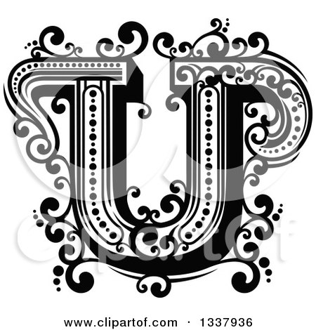 Clipart of a Retro Black and White Capital Letter U with Flourishes - Royalty Free Vector Illustration by Vector Tradition SM