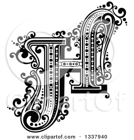 Clipart of a Retro Black and White Capital Letter H with Flourishes - Royalty Free Vector Illustration by Vector Tradition SM