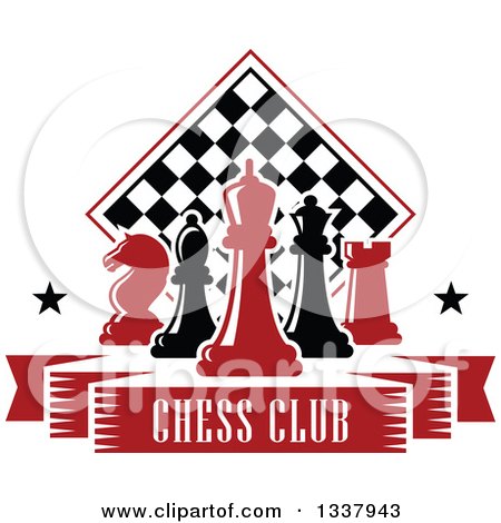Clipart of Red and Black Chess Pieces Against a Checker Board Above a Text Banner 2 - Royalty Free Vector Illustration by Vector Tradition SM