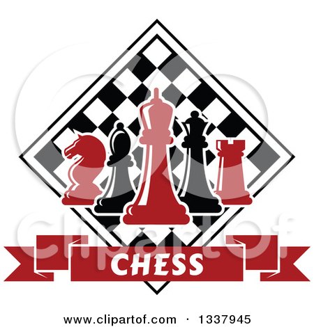 Clipart of Red and Black Chess Pieces Against a Checker Board Above a Text Banner - Royalty Free Vector Illustration by Vector Tradition SM