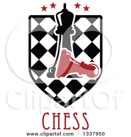 Clipart of a Black Chess Queen over a Fallen Red Pawn on a Checker Shield with Stars and Text - Royalty Free Vector Illustration by Vector Tradition SM