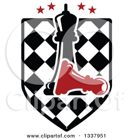 Clipart of a Black Chess Queen over a Fallen Red Pawn on a Checker Shield - Royalty Free Vector Illustration by Vector Tradition SM