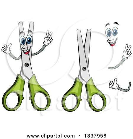 Clipart of a Cartoon Face, Hands and Green Handled Scissors - Royalty Free Vector Illustration by Vector Tradition SM