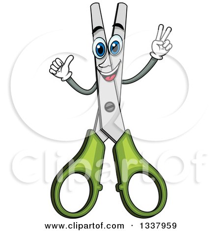 Clipart of a Cartoon Pair of Green Handled Scissors Character - Royalty Free Vector Illustration by Vector Tradition SM
