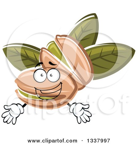 Clipart of a Cartoon Pistachio Nut Character and Leaves - Royalty Free Vector Illustration by Vector Tradition SM