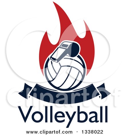 Clipart of a Navy Blue Volleyball and Whistle over Red Flames, Text and a Blank Banner - Royalty Free Vector Illustration by Vector Tradition SM