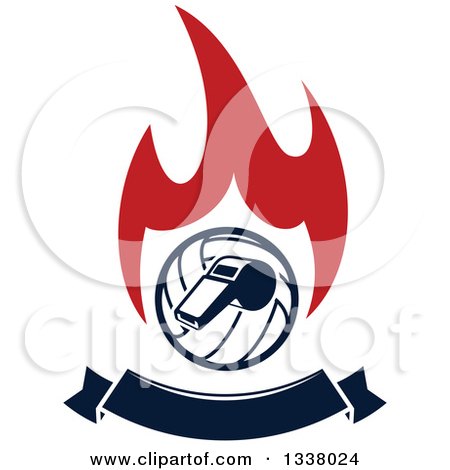 Clipart of a Navy Blue Volleyball and Whistle over Red Flames and a Blank Banner 2 - Royalty Free Vector Illustration by Vector Tradition SM