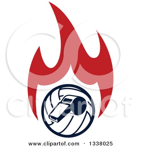 Clipart of a Navy Blue Volleyball and Whistle over Red Flames - Royalty Free Vector Illustration by Vector Tradition SM