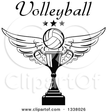 Clipart of a Black and White Winged Volleyball, Stars and Text over a Trophy Cup - Royalty Free Vector Illustration by Vector Tradition SM