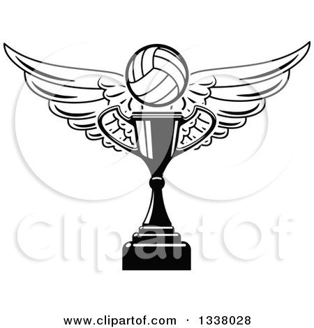 Clipart of a Black and White Winged Volleyball over a Trophy Cup - Royalty Free Vector Illustration by Vector Tradition SM
