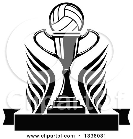 Clipart of a Black and White Volleyball over a Trophy Cup, Wings and a Blank Banner - Royalty Free Vector Illustration by Vector Tradition SM