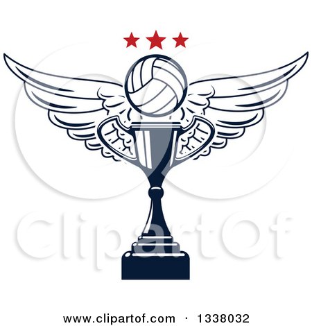 Clipart of a Navy Blue Winged Volleyball and Stars over a Trophy Cup - Royalty Free Vector Illustration by Vector Tradition SM