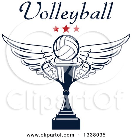 Clipart of a Navy Blue Winged Volleyball, Stars and Text over a Trophy Cup - Royalty Free Vector Illustration by Vector Tradition SM
