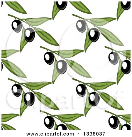 Clipart of a Seamless Background Pattern of Black Olives and Green Leaves 3 - Royalty Free Vector Illustration by Vector Tradition SM