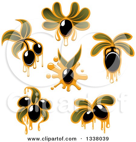 Clipart of Black Olives Dripping Oil and Leaves - Royalty Free Vector Illustration by Vector Tradition SM