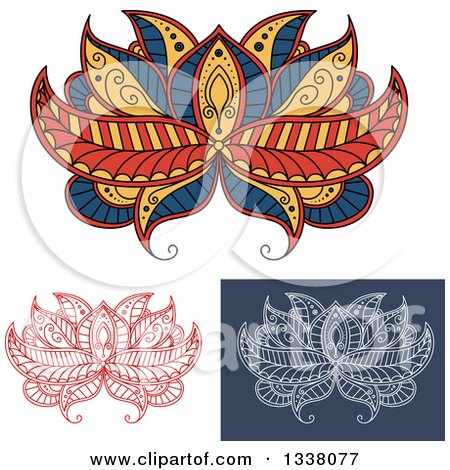 Clipart of Beautiful Blue Orange, Red White and Yellow Henna Lotus Flowers - Royalty Free Vector Illustration by Vector Tradition SM