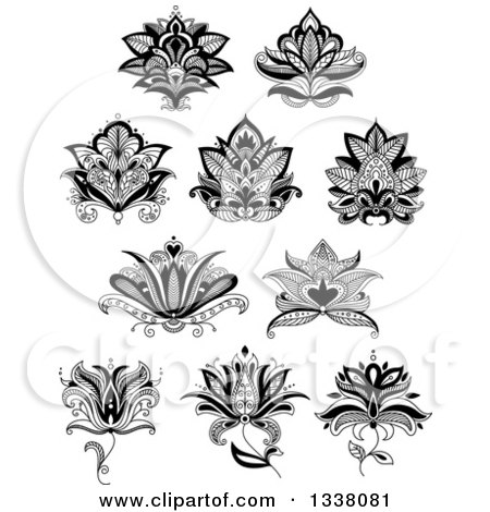 Clipart of a Black and White Henna and Lotus Flowers 19 - Royalty Free Vector Illustration by Vector Tradition SM