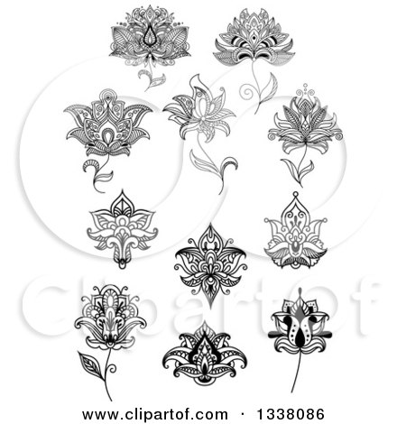 Clipart of a Black and White Henna and Lotus Flowers 20 - Royalty Free Vector Illustration by Vector Tradition SM