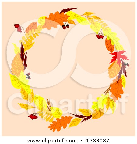 Clipart of a Colorful Autumn Leaf Wreath over Pastel Pink 2 - Royalty Free Vector Illustration by Vector Tradition SM