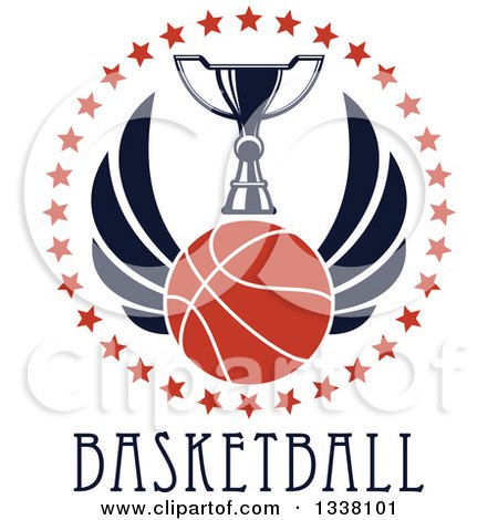 Clipart of a Winged Basketball and Trophy Cup in a Circle of Stars over Text - Royalty Free Vector Illustration by Vector Tradition SM