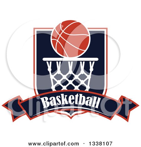 Clipart of a Basketball over a Hoop, Shield and Text Banner - Royalty Free Vector Illustration by Vector Tradition SM