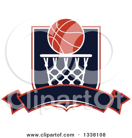 Clipart of a Basketball over a Hoop, Shield and Blank Banner - Royalty Free Vector Illustration by Vector Tradition SM