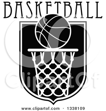 Clipart of a Black and White Basketball over a Hoop and Shield with Text - Royalty Free Vector Illustration by Vector Tradition SM