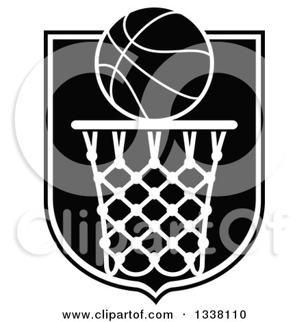 Clipart of a Black and White Basketball over a Hoop and Shield - Royalty Free Vector Illustration by Vector Tradition SM