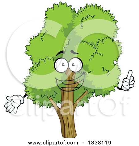 Clipart of a Cartoon Tree Character with a Lush, Green, Mature Canopy, Holding up a Finger - Royalty Free Vector Illustration by Vector Tradition SM