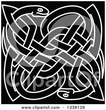 Clipart of White Outlined Celtic Knot Snakes on Black - Royalty Free Vector Illustration by Vector Tradition SM
