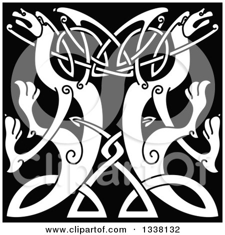 Clipart of White Celtic Knot Dragons on Black 6 - Royalty Free Vector Illustration by Vector Tradition SM