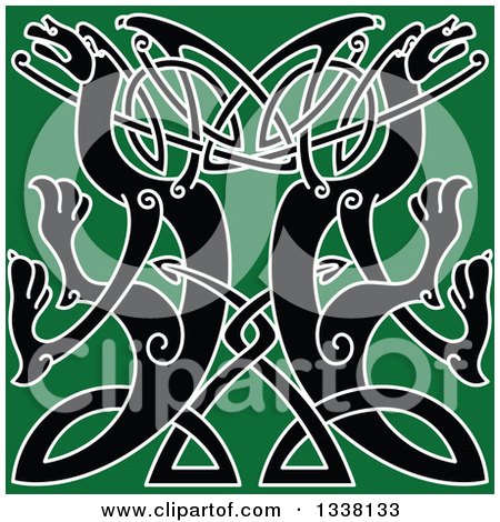 Clipart of Black Celtic Knot Dragons on Green - Royalty Free Vector Illustration by Vector Tradition SM