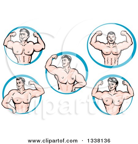 Clipart of Cartoon Strong White Male Bodybuilders Flexing Muscles in Blue Circles - Royalty Free Vector Illustration by Vector Tradition SM